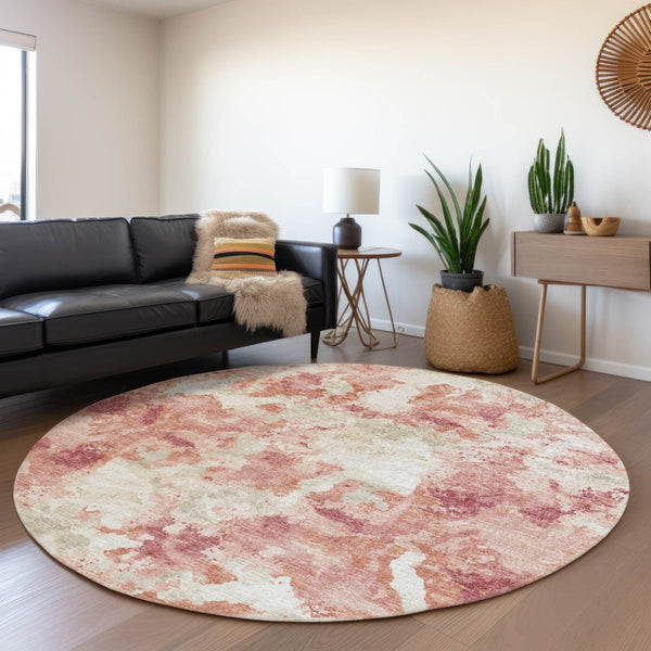 HomeRoots 8' Pink and Ivory Round Abstract Washable Rug - Versatile Indoor/Outdoor Design with Non-Slip Backing 643603