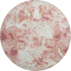 HomeRoots 8' Pink and Ivory Round Abstract Washable Rug - Versatile Indoor/Outdoor Design with Non-Slip Backing 643603