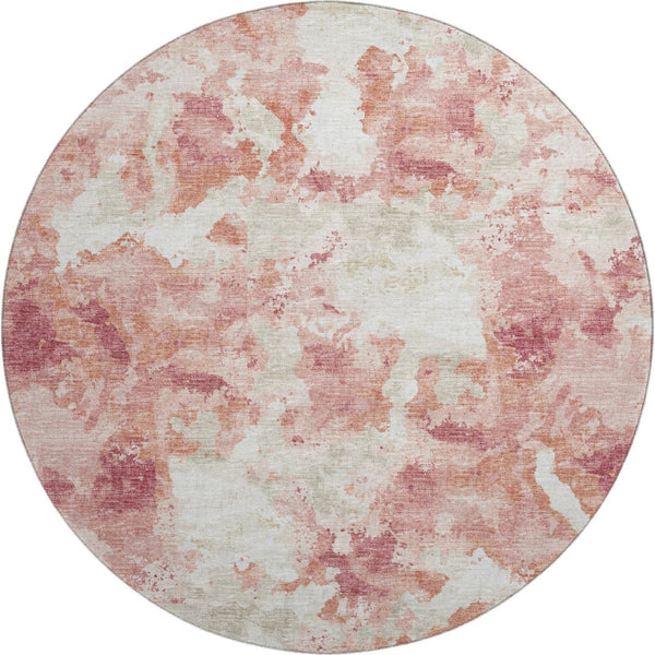 HomeRoots 8' Pink and Ivory Round Abstract Washable Rug - Versatile Indoor/Outdoor Design with Non-Slip Backing 643603