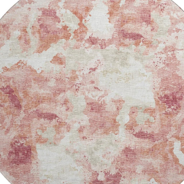 HomeRoots 8' Pink and Ivory Round Abstract Washable Rug - Versatile Indoor/Outdoor Design with Non-Slip Backing 643603