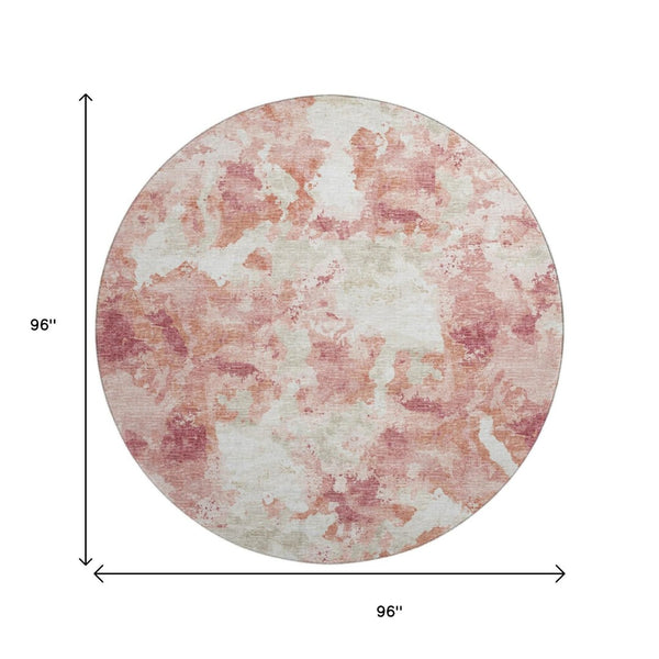 HomeRoots 8' Pink and Ivory Round Abstract Washable Rug - Versatile Indoor/Outdoor Design with Non-Slip Backing 643603
