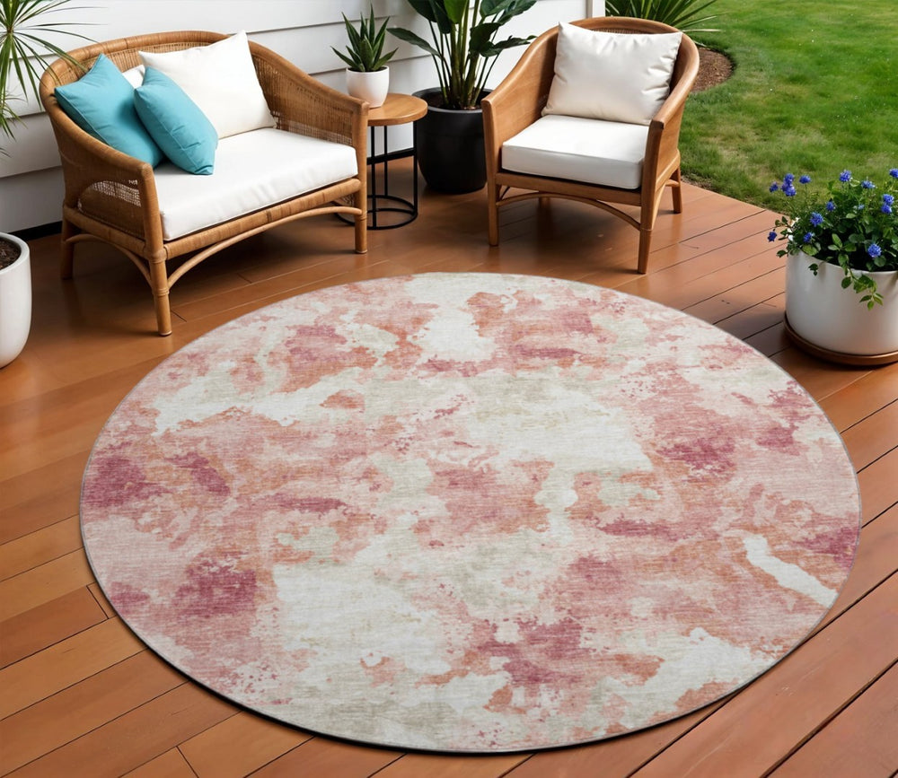 HomeRoots 8' Pink and Ivory Round Abstract Washable Rug - Versatile Indoor/Outdoor Design with Non-Slip Backing 643603