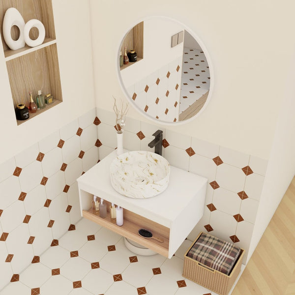 English Elm 30" Floating Wall Mount Bathroom Vanity Open Shelf Ceramic Vessel Sink Modern White Gold+White,White + Light Oak W3450S00058
