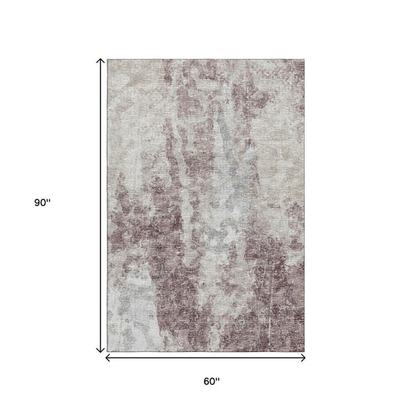 HomeRoots 5' X 8' Stylish Plum and Ivory Abstract Washable Area Rug for Indoor/Outdoor Use - Durable & Easy Care! 643620