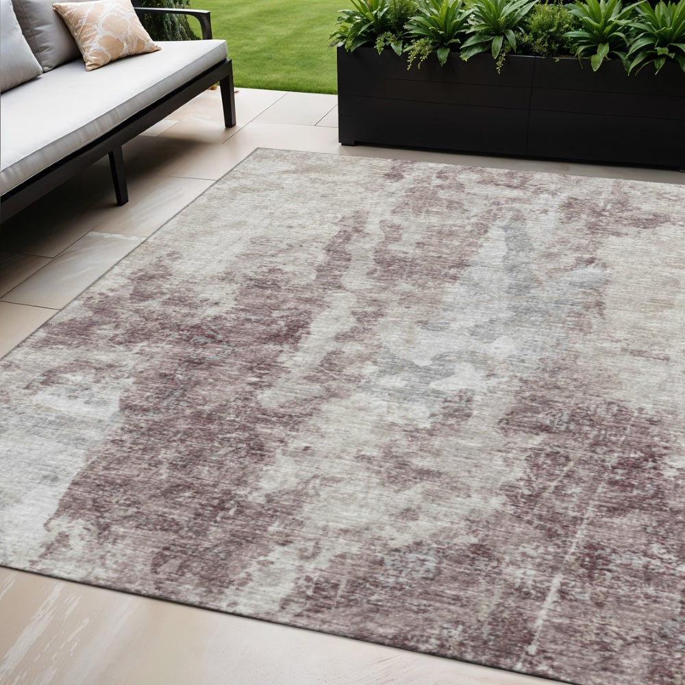 HomeRoots 5' X 8' Stylish Plum and Ivory Abstract Washable Area Rug for Indoor/Outdoor Use - Durable & Easy Care! 643620