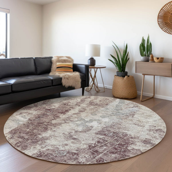 HomeRoots 8' Plum and Ivory Washable Round Area Rug – Modern Abstract Design for Indoor & Outdoor Spaces 643621