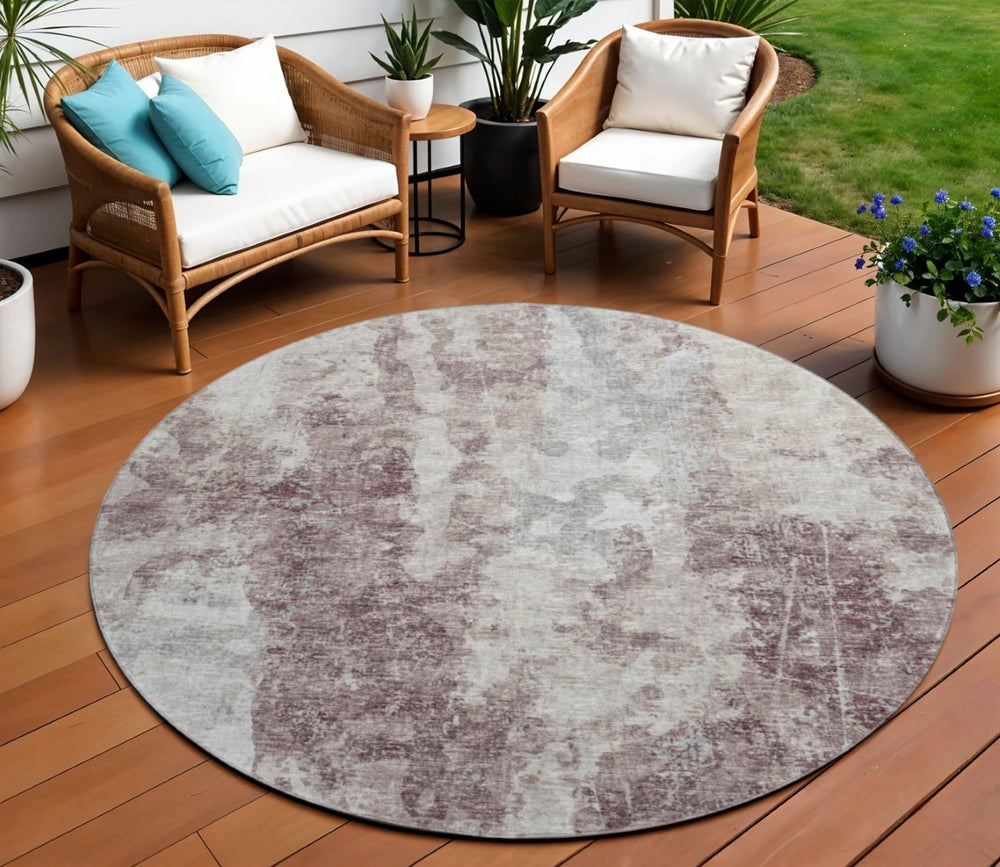 HomeRoots 8' Plum and Ivory Washable Round Area Rug – Modern Abstract Design for Indoor & Outdoor Spaces 643621