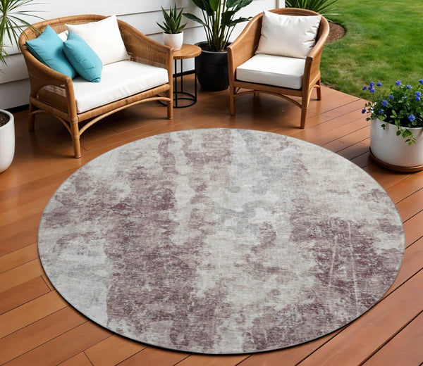HomeRoots 8' Plum and Ivory Washable Round Area Rug – Modern Abstract Design for Indoor & Outdoor Spaces 643621