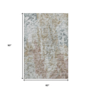 HomeRoots 5' Contemporary Ivory, Blue & Gold Abstract Area Rug - Washable for Indoor/Outdoor Use, Durable & Stylish 643626