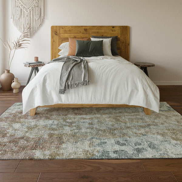 HomeRoots 5' Contemporary Ivory, Blue & Gold Abstract Area Rug - Washable for Indoor/Outdoor Use, Durable & Stylish 643626