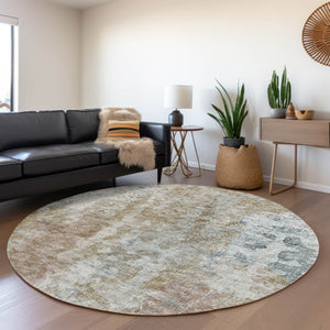HomeRoots 8' Round Abstract Area Rug in Ivory, Blue & Gold - Washable, Durable, Stylish for Indoor & Outdoor Use 643627