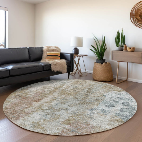 HomeRoots 8' Round Abstract Area Rug in Ivory, Blue & Gold - Washable, Durable, Stylish for Indoor & Outdoor Use 643627