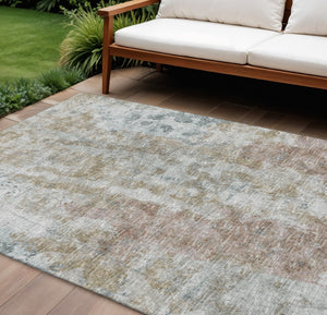 HomeRoots 8' X 10' Abstract Area Rug in Ivory, Blue & Gold - Washable, Durable, Indoor/Outdoor Design for All Spaces 643628