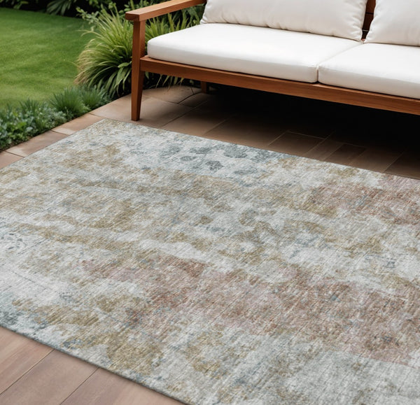HomeRoots 8' X 10' Abstract Area Rug in Ivory, Blue & Gold - Washable, Durable, Indoor/Outdoor Design for All Spaces 643628