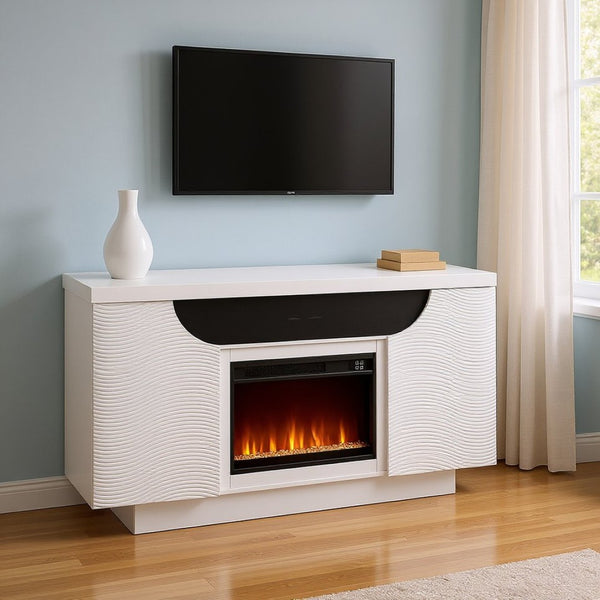 HomeRoots 66" Modern White Ribbed Wood Electric Fireplace Cabinet with LED Flames & Built-in Speaker for Ambiance 643643