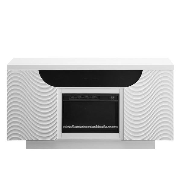 HomeRoots 66" Modern White Ribbed Wood Electric Fireplace Cabinet with LED Flames & Built-in Speaker for Ambiance 643643