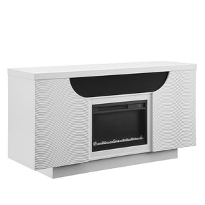 HomeRoots 66" Modern White Ribbed Wood Electric Fireplace Cabinet with LED Flames & Built-in Speaker for Ambiance 643643