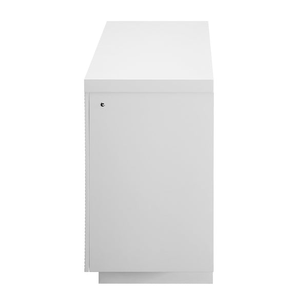 HomeRoots 66" Modern White Ribbed Wood Electric Fireplace Cabinet with LED Flames & Built-in Speaker for Ambiance 643643