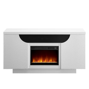 HomeRoots 66" Modern White Ribbed Wood Electric Fireplace Cabinet with LED Flames & Built-in Speaker for Ambiance 643643