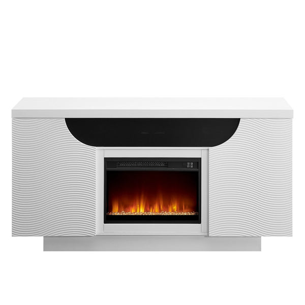 HomeRoots 66" Modern White Ribbed Wood Electric Fireplace Cabinet with LED Flames & Built-in Speaker for Ambiance 643643