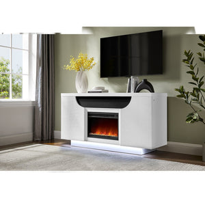 HomeRoots 66" Modern White Ribbed Wood Electric Fireplace Cabinet with LED Flames & Built-in Speaker for Ambiance 643643