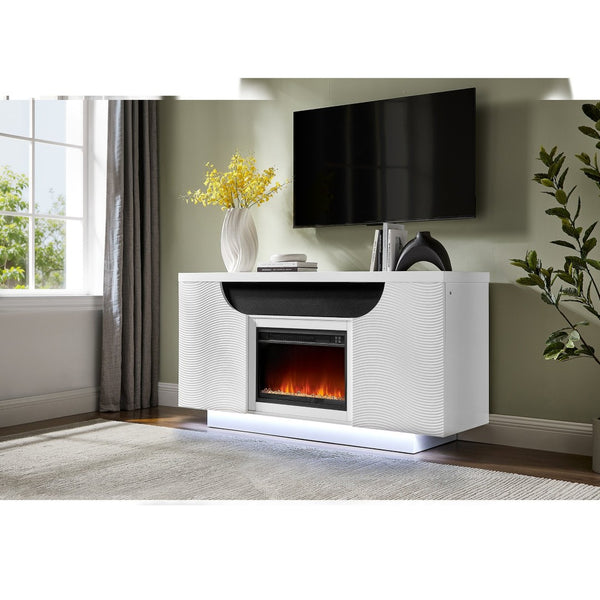 HomeRoots 66" Modern White Ribbed Wood Electric Fireplace Cabinet with LED Flames & Built-in Speaker for Ambiance 643643