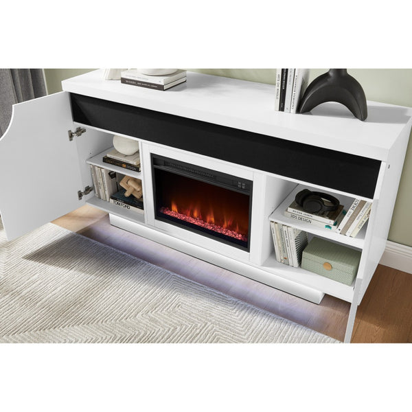 HomeRoots 66" Modern White Ribbed Wood Electric Fireplace Cabinet with LED Flames & Built-in Speaker for Ambiance 643643