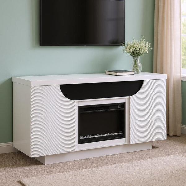 HomeRoots 66" Modern White Ribbed Wood Electric Fireplace Cabinet with LED Flames & Built-in Speaker for Ambiance 643643