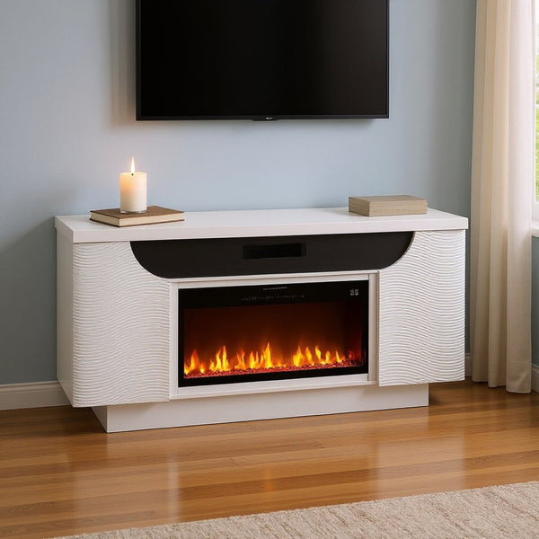 HomeRoots 76" White Ribbed Wood Electric Fireplace with LED & Speaker - Modern Storage Console & Heater 643644