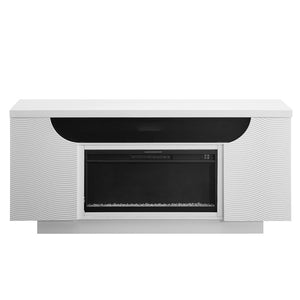 HomeRoots 76" White Ribbed Wood Electric Fireplace with LED & Speaker - Modern Storage Console & Heater 643644