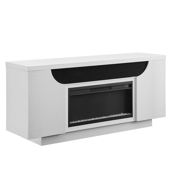 HomeRoots 76" White Ribbed Wood Electric Fireplace with LED & Speaker - Modern Storage Console & Heater 643644