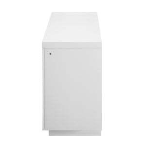 HomeRoots 76" White Ribbed Wood Electric Fireplace with LED & Speaker - Modern Storage Console & Heater 643644