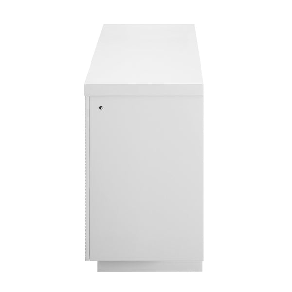 HomeRoots 76" White Ribbed Wood Electric Fireplace with LED & Speaker - Modern Storage Console & Heater 643644