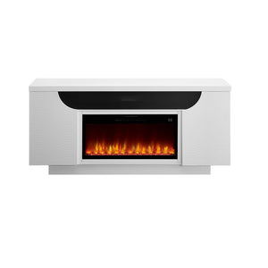 HomeRoots 76" White Ribbed Wood Electric Fireplace with LED & Speaker - Modern Storage Console & Heater 643644