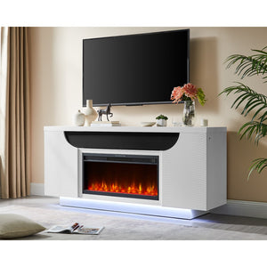 HomeRoots 76" White Ribbed Wood Electric Fireplace with LED & Speaker - Modern Storage Console & Heater 643644