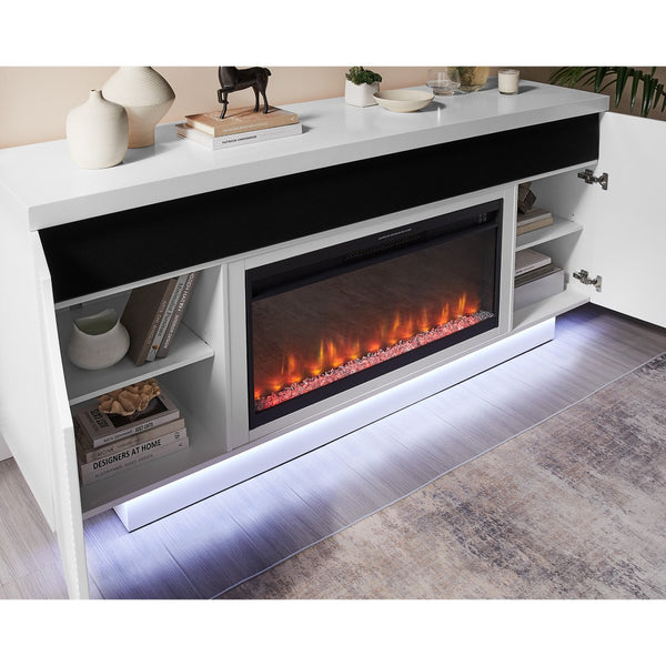 HomeRoots 76" White Ribbed Wood Electric Fireplace with LED & Speaker - Modern Storage Console & Heater 643644