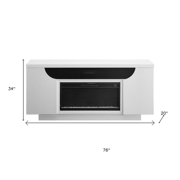 HomeRoots 76" White Ribbed Wood Electric Fireplace with LED & Speaker - Modern Storage Console & Heater 643644