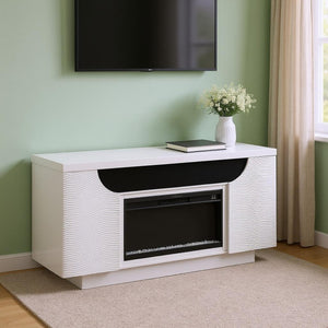 HomeRoots 76" White Ribbed Wood Electric Fireplace with LED & Speaker - Modern Storage Console & Heater 643644
