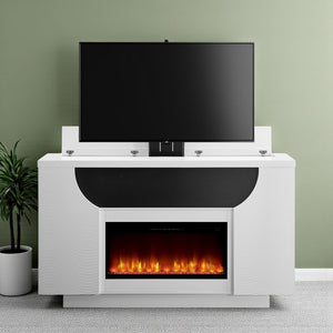 HomeRoots 76" White Ribbed Wood Electric Storage Cabinet with LED Fireplace & Built-In Speakers for Modern Living 643645