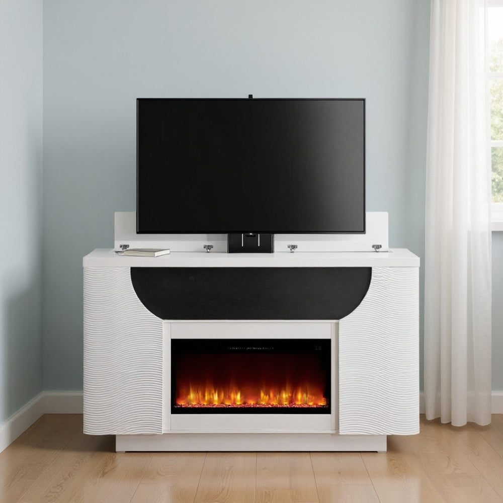 HomeRoots 76" White Ribbed Wood Electric Storage Cabinet with LED Fireplace & Built-In Speakers for Modern Living 643645