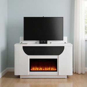 HomeRoots 76" White Ribbed Wood Electric Storage Cabinet with LED Fireplace & Built-In Speakers for Modern Living 643645