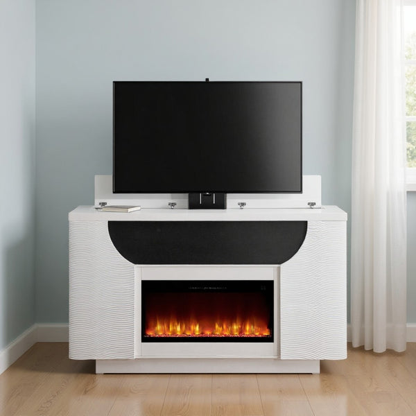 HomeRoots 76" White Ribbed Wood Electric Storage Cabinet with LED Fireplace & Built-In Speakers for Modern Living 643645