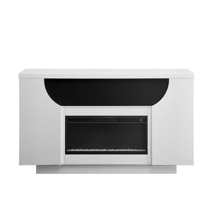 HomeRoots 76" White Ribbed Wood Electric Storage Cabinet with LED Fireplace & Built-In Speakers for Modern Living 643645