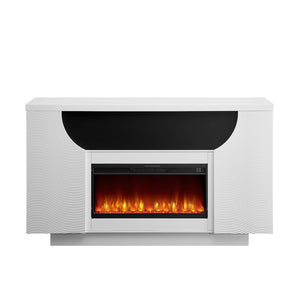 HomeRoots 76" White Ribbed Wood Electric Storage Cabinet with LED Fireplace & Built-In Speakers for Modern Living 643645