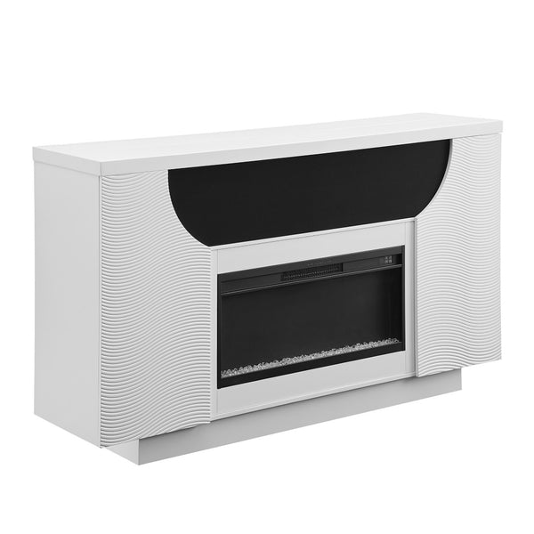 HomeRoots 76" White Ribbed Wood Electric Storage Cabinet with LED Fireplace & Built-In Speakers for Modern Living 643645