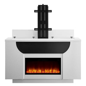 HomeRoots 76" White Ribbed Wood Electric Storage Cabinet with LED Fireplace & Built-In Speakers for Modern Living 643645
