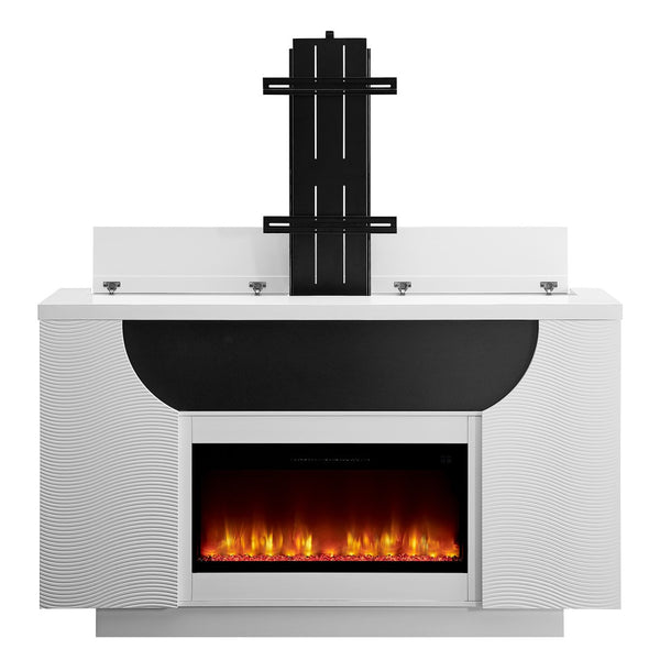 HomeRoots 76" White Ribbed Wood Electric Storage Cabinet with LED Fireplace & Built-In Speakers for Modern Living 643645