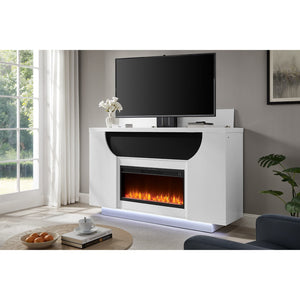 HomeRoots 76" White Ribbed Wood Electric Storage Cabinet with LED Fireplace & Built-In Speakers for Modern Living 643645