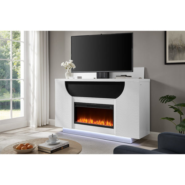 HomeRoots 76" White Ribbed Wood Electric Storage Cabinet with LED Fireplace & Built-In Speakers for Modern Living 643645