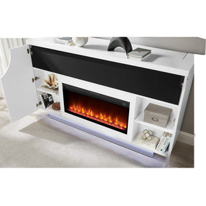HomeRoots 76" White Ribbed Wood Electric Storage Cabinet with LED Fireplace & Built-In Speakers for Modern Living 643645